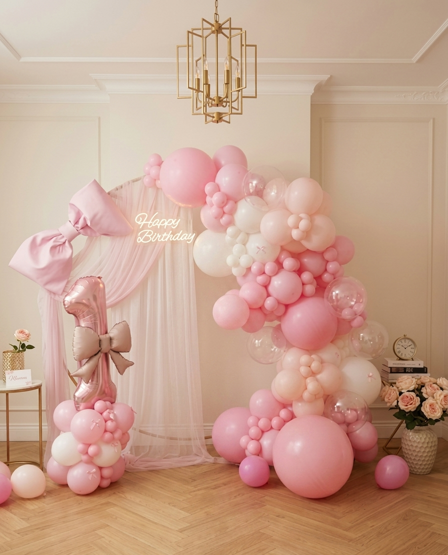 Rosa Ballongirlande mit Zahlenballon und Happy-Birthday-Schriftzug von Mondi Decor