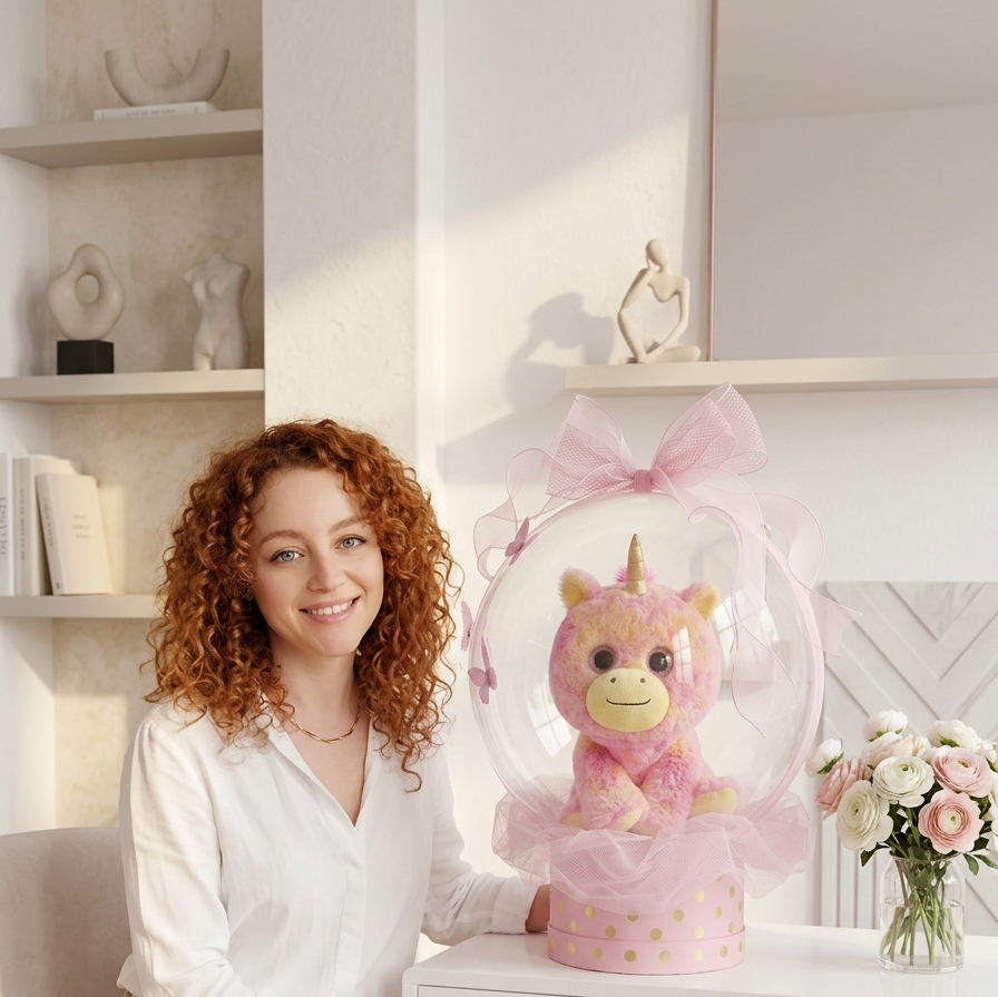 Gründerin von Mondi Decor neben einem personalisierten Geschenk mit Einhorn im Ballon